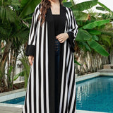 Plus Size Casual Cardigan Coat Striped Color Matching Artistic Long Sleeve Women