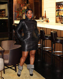 Women Clothing Spring Solid Color Faux Leather Long Sleeve Pocket Zipper Dress