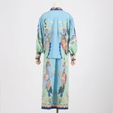 Spring Printing Collared Puff Sleeve Long Sleeve Shirt High Waist Wide Leg Mopping Blouse Pants
