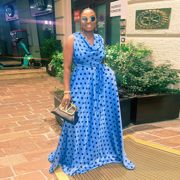 Plus Size Sexy Slim Fit Polka Dot Printed Lace Up Waist Controlled Pleated Mop Dress