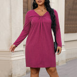 Plus Size Autumn Winter V neck Sexy Knitted Dress High Waist Solid Color Pullover Loose Slimming Pleated Bottoming Dress