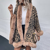 Autumn Winter Fur Collar Cape Cardigan Leopard Print Shawl Sweater  Women