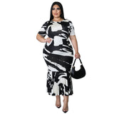 Plus Size Spring Summer round Neck Short Sleeve Flounced Dress Printed  Dress