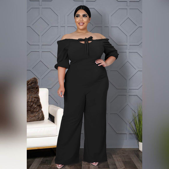 Plus Size Solid Color off-Shoulder Strap Wide-Leg Jumpsuit Women