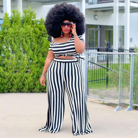 Plus Size Striped Street Casual Suit  Women Two-Piece Suit