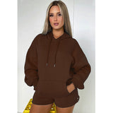 Autumn Winter Pure Color Thickened Fleece Lined Hooded Long Sleeve Sweater Women Casual Shorts Suit