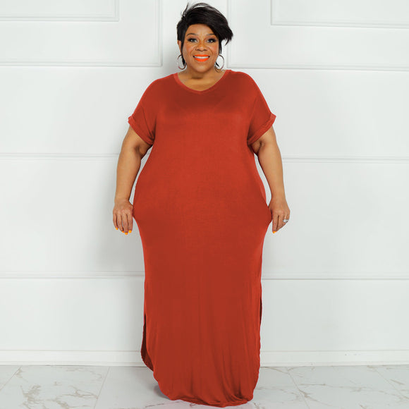 Plus Size Summer New Solid Color round Neck  Dress Slit Hemline at Hem Loose Skirt