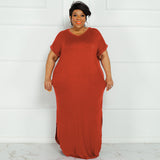 Plus Size Summer New Solid Color round Neck  Dress Slit Hemline at Hem Loose Skirt