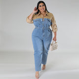 Plus Size Women Clothes Denim Contrast Color Jumpsuit