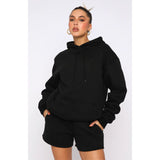 Autumn Winter Pure Color Thickened Fleece Lined Hooded Long Sleeve Sweater Women Casual Shorts Suit