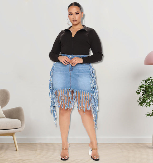 Plus Size Women Clothes Spring  Denim Skirt with Tassel