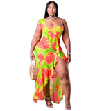 Plus Size Women Clothing Summer Single Sleeve Irregular Asymmetric Printed Flounced Skirt Edge Dress