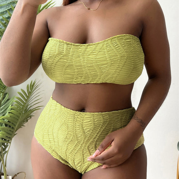 Plus Size Swimsuit Solid Color Tube Top High Waist Bikini Swimsuit