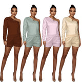 Urban Casual Solid Color Pullover off-the-Shoulder Shorts Women Fleece Lined Slim Fit Long Sleeve Sweater Set