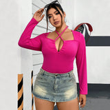 Women Clothing Autumn Winter Sexy Hollow Out Cutout Out Halter Slim Fit Long Sleeved T Shirt Top