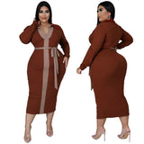Plus Size Women Clothing Autumn Winter Multi-Color Mosaic Lace-up Elegant Sexy Dress for Women