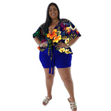 Plus Size Spring Autumn Women Clothing  Two-Piece Suit Printing Casual T-shirt Shorts Set