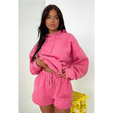 Autumn Winter Pure Color Thickened Fleece Lined Hooded Long Sleeve Sweater Women Casual Shorts Suit
