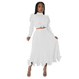 Autumn Women Clothing Puff Sleeve Top Ruffled Pleated Skirt Two Piece Set