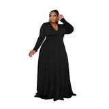 Plus Size Popular   Woman Solid Color V-neck Long Sleeve Mop Formal Dress