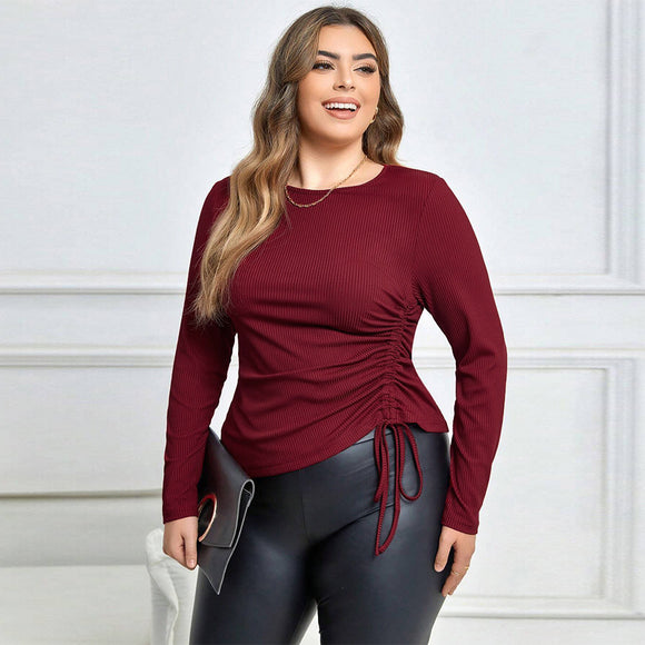 Plus Size Women Clothes Autumn Winter Slim Fit Drawstring Long Sleeve T Shirt Sexy Top
