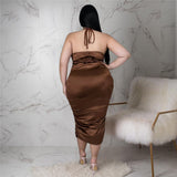 Plus Size Women Nightclub Halter Lace-up Pleated Zipper Glossy Dress