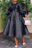 Women Clothing Autumn Winter Solid Color Glossy Loose Button Lantern Sleeve Dress