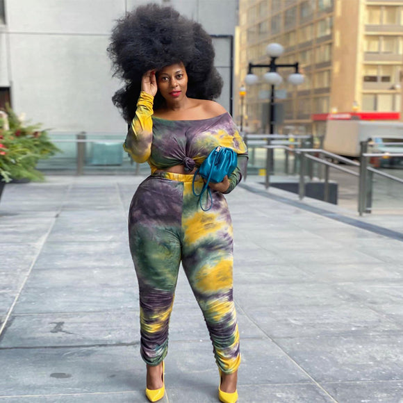 Plus Size Tie-Dye Printing Stylish Casual Two-Piece Suit  Women Suit