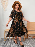 Plus Size Summer Ladies Printed V neck Bell Sleeve Large Swing Casual Vacation Dress