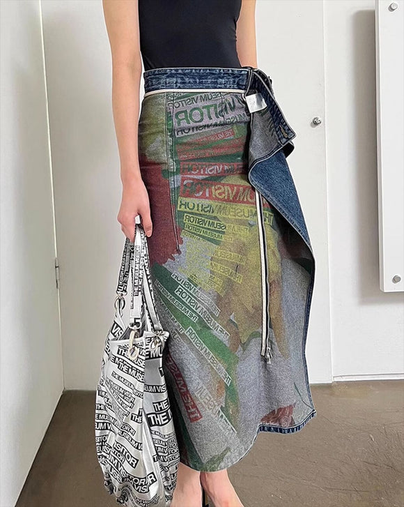 Stomach Blanket Double Sided Wear Art Design Printing Washed Do the Old Cowboy Zipper Stitching Straight Long Skirt