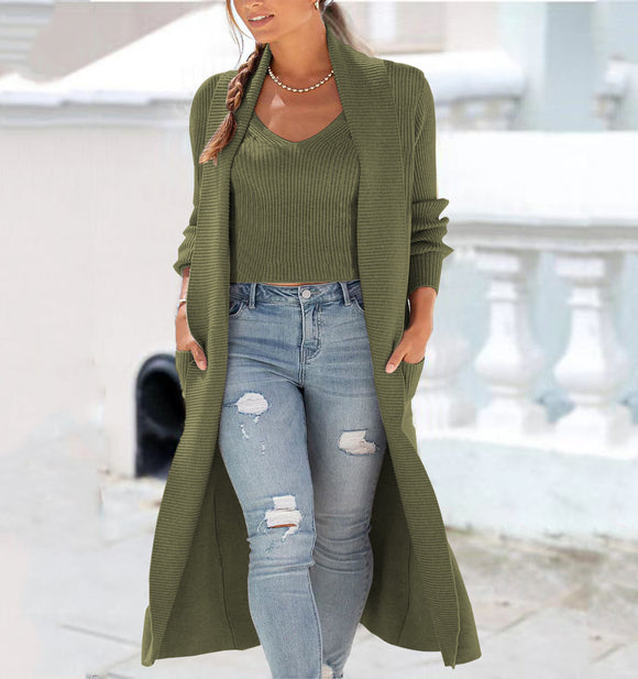 Autumn Winter Cardigan Trench Coat Knitted Loose Two Piece Sweater Solid Color Vest Suit With Camis