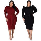 Plus Size Women Clothing Long Sleeve Belt Slim Fit  Dress