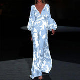 High waist commuter dress printed Lantern Sleeve V-neck dress