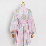Brand Short  Spring Young V-neck Waist-Controlled Lace-up Lantern Sleeve Large Swing A- line Dress