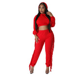 cropped Hooded Sweater Tassel Edge Thinner Pants Autumn Winter two piece set