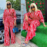 Plus Size Popular  Women Clothing Striped Printed Oblique Long Sleeve Shoulder Width Loose Casual Set Women