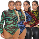 Plus Size Spring Women Clothing Long Sleeve Printing Dyeing Sexy Tight Breasted  Jumpsuit