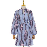 Brand Short  Spring Young V-neck Waist-Controlled Lace-up Lantern Sleeve Large Swing A- line Dress