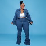 Plus Size Women Clothing New Fall Winter Cowboy Long-Sleeved Coat with Feet Pleated Pile Pants