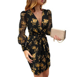 Long sleeve print dresssslimv neck skirt