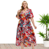 Plus Size Women Summer Short Sleeve Printed Wrap Dress