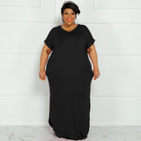 Plus Size Summer New Solid Color round Neck  Dress Slit Hemline at Hem Loose Skirt