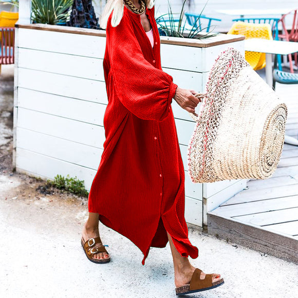Autumn Winter Ladies Solid Color Loose Vacation Cardigan Maxi Dress