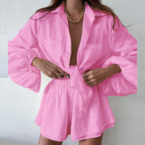 Summer Women Casual Solid Color Ruffles Shorts Long Sleeve Suit