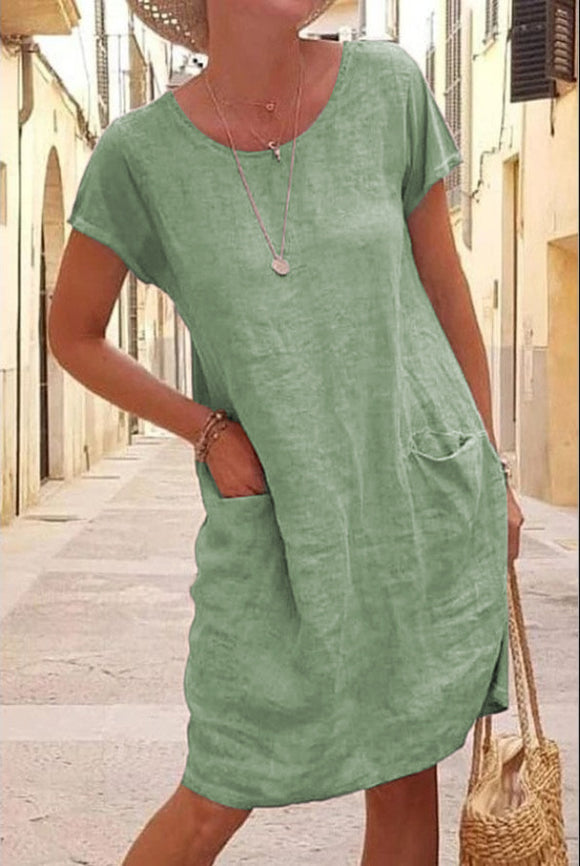 Autumn Spring Women Casual Pajamas Pocket Cotton Linen Dress