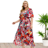 Plus Size Women Summer Short Sleeve Printed Wrap Dress