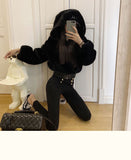 Autumn Winter Street Short High Waist Texture Furry Hooded Coat Women Top Plus Size