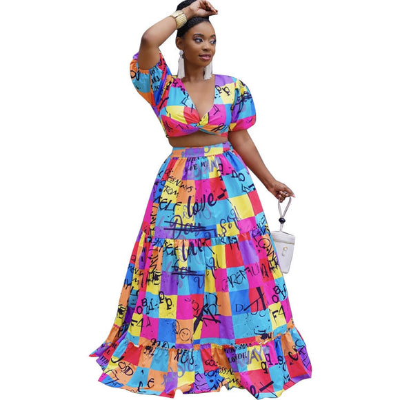 Plus Size Women Clothing Two-Piece Suit Wrapped Chest Vest  Swing Skirt