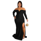 Plus Size Women Clothes Sexy Dress Nightclub V neck Formal Dress Pure Color Split Maxi Dress Autumn Winter High Split