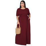 Plus Size Dress Summer Women Clothing Solid Color Round Neck Loose Casual  Dress